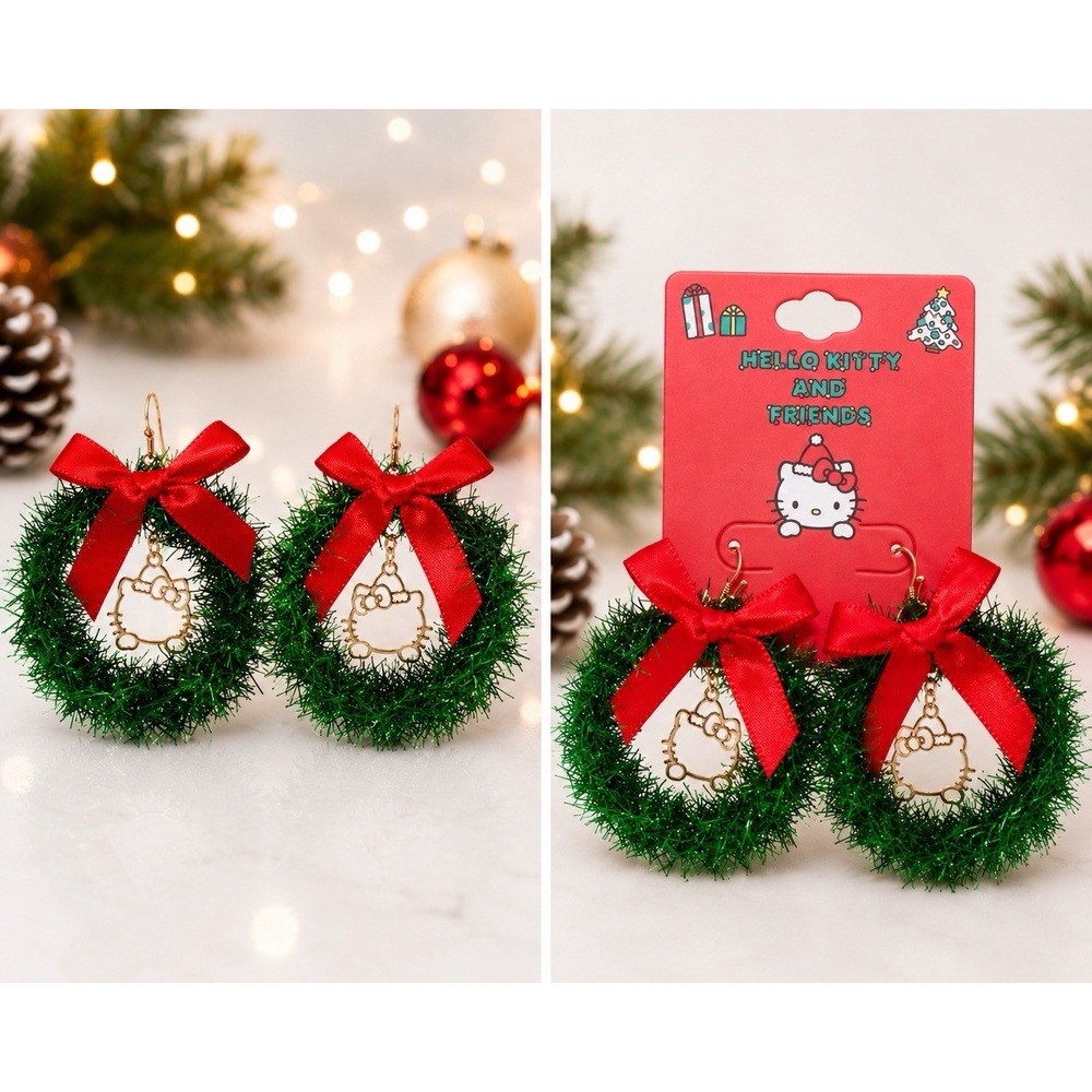 Sanrio Hello Kitty Christmas Wreath Dangle Earrings Red Bow Green Tinsel Holiday